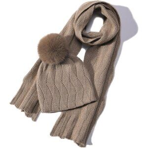Women Hat Scarf Set Wool Blend Winter Beanie & Long Scarf Cold Weather Beige